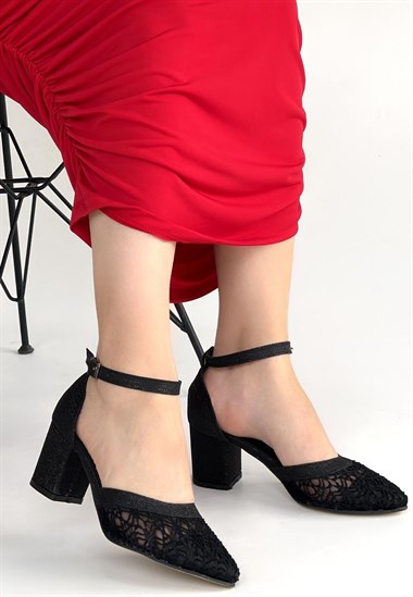 Dmop Cilt Simli Tül Detaylı Topuklu Ayakkabı -Siyah
