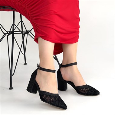 Dmop Cilt Simli Tül Detaylı Topuklu Ayakkabı -Siyah