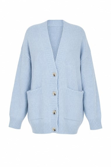 Womens Button-Front Two-Pocket Relaxed Knit Cardigan - Baby Blue