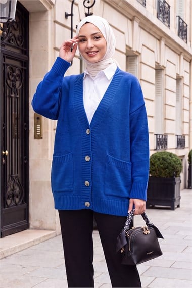 Womens Button-Front Two-Pocket Relaxed Knit Cardigan - Royal Blue