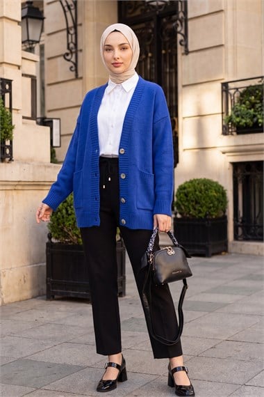 Womens Button-Front Two-Pocket Relaxed Knit Cardigan - Royal Blue