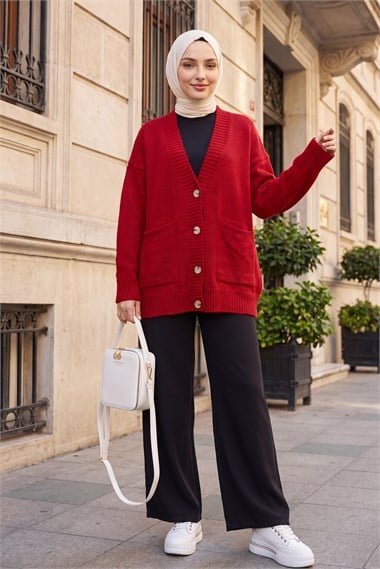 Womens Button-Front Two-Pocket Relaxed Knit Cardigan - Red
