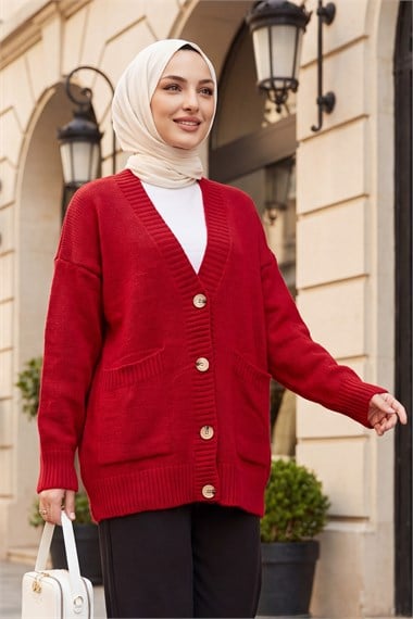 Womens Button-Front Two-Pocket Relaxed Knit Cardigan - Red