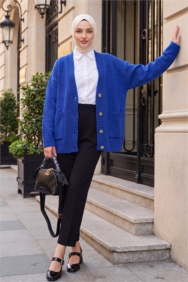 Womens Button-Front Two-Pocket Relaxed Knit Cardigan - Royal Blue