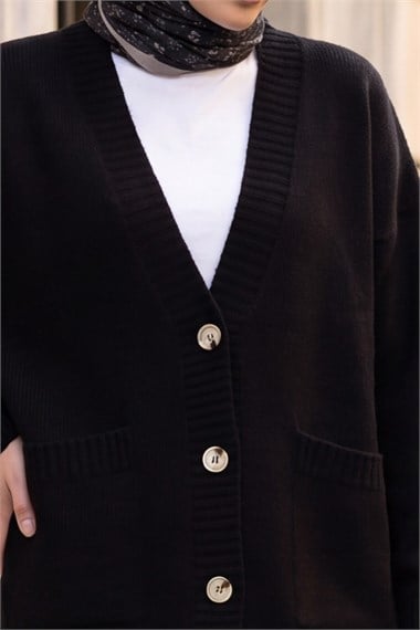 Womens Button-Front Two-Pocket Relaxed Knit Cardigan - Black