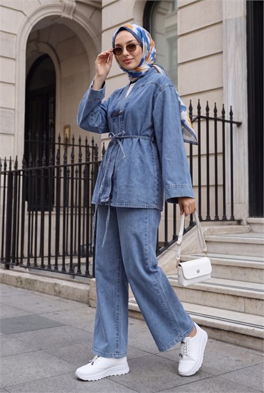 Womens Button-Front Belted Wide-Leg Pants Denim Kimono Set - Ice Blue