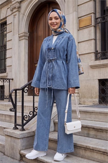 Womens Button-Front Belted Wide-Leg Pants Denim Kimono Set - Ice Blue