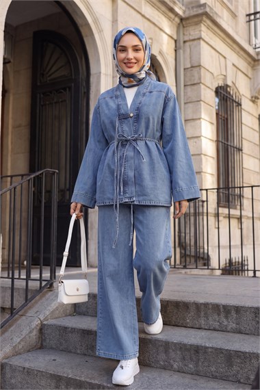 Womens Button-Front Belted Wide-Leg Pants Denim Kimono Set - Ice Blue