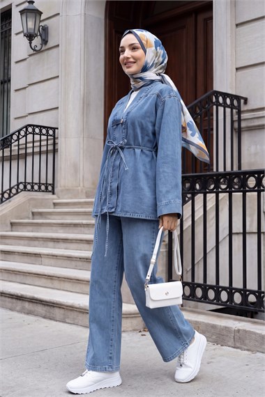 Womens Button-Front Belted Wide-Leg Pants Denim Kimono Set - Ice Blue