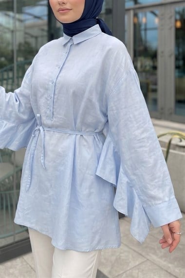 Düğmeli Kemerli Yarasa Kol Volanlı Oversize Modal Tunik  -Bebe Mavi