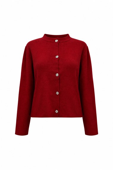 Womens Button-Front Round-Neck Knit Cardigan - Red