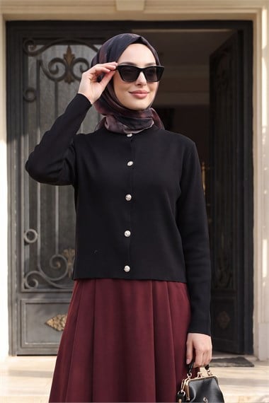 Womens Button-Front Round-Neck Knit Cardigan - Black