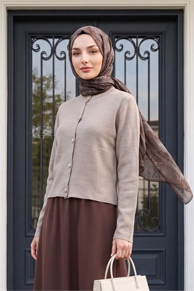 Womens Button-Front Round-Neck Knit Cardigan - Mink