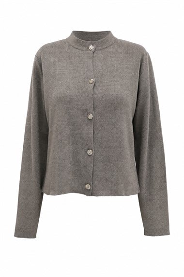 Womens Button-Front Round-Neck Knit Cardigan - Mink