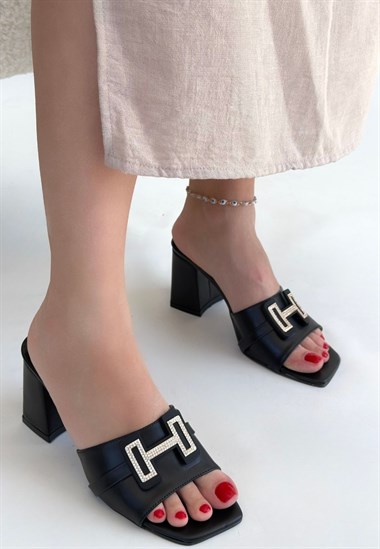 Erew Cilt Topuklu Terlik -Siyah