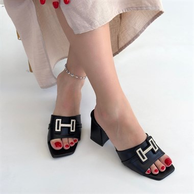 Erew Cilt Topuklu Terlik -Siyah