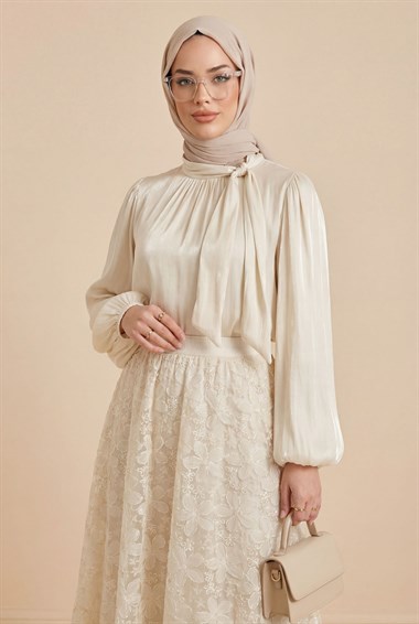 Eteği Pullu Astarlı Yakası Bağlamalı Kolu Lastikli Janjan Takım -Bej