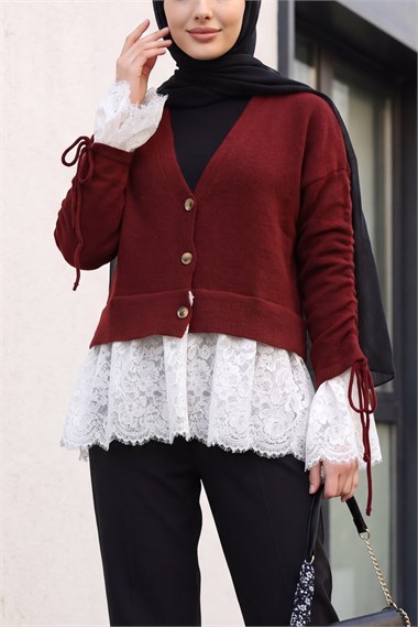 Eteği Ve Kolu Dantel Detaylı Düğmeli Yumoş Triko Hırka -Bordo