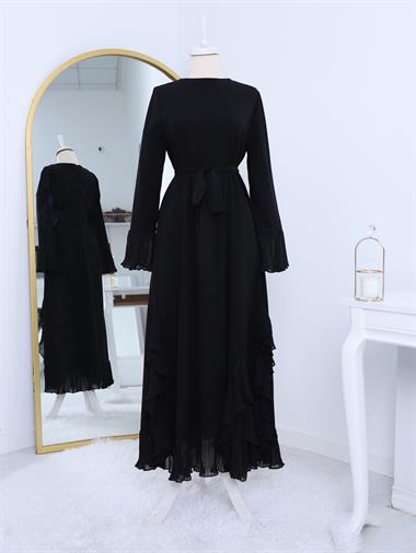 Eteği ve Kolları Fırfırlı Kuşaklı Elbise -Siyah