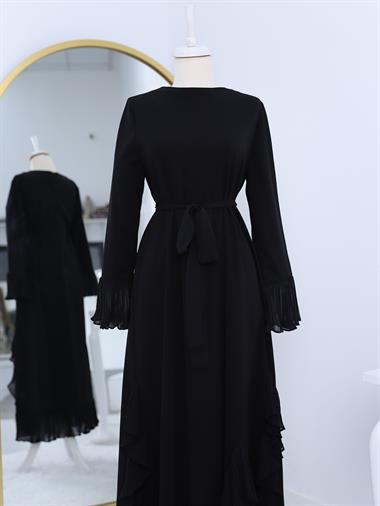 Eteği ve Kolları Fırfırlı Kuşaklı Elbise -Siyah