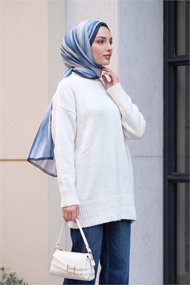 Etek Ucu Ve Kolu Fitilli Salaş Triko Tunik -Ekru
