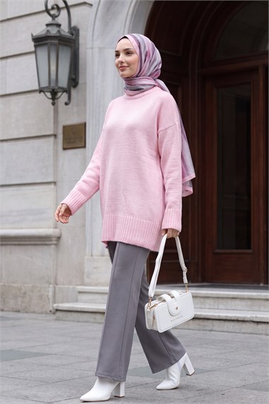 Etek Ucu Ve Kolu Fitilli Salaş Triko Tunik -Pembe