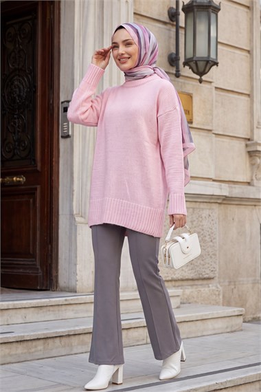 Etek Ucu Ve Kolu Fitilli Salaş Triko Tunik -Pembe
