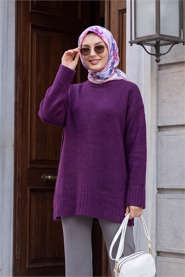 Etek Ucu Ve Kolu Fitilli Salaş Triko Tunik -Mor