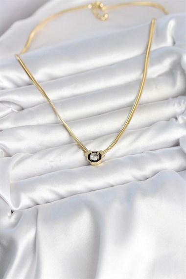 Ezme Yılan Zincir Model Zirkon Taşlı VIP Seri Gold Renk Kadın Kolye