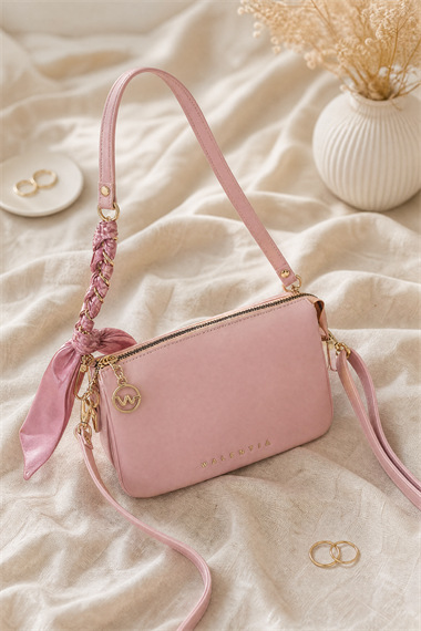 Womens Zipper Compartment Long Strappy Bag - Pink