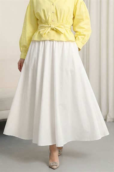 Fermuarlı Astarlı Yazlık Kloş Keten Etek -Beyaz