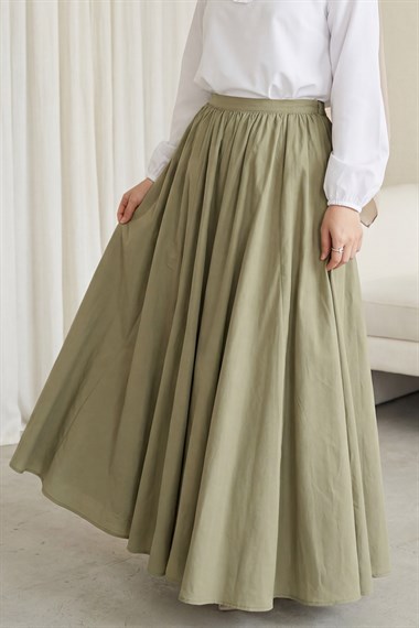 Fermuarlı Astarlı Yazlık Kloş Keten Etek -Haki