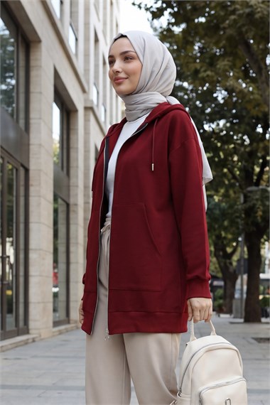 Fermuarlı Kanguru Cepli Kapşonlu İki İplik Sweat -Bordo