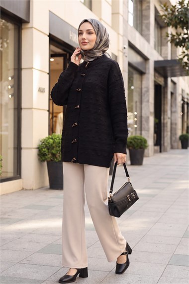 Womens Ivory Button-Front Pom-Pom Detail Relaxed Knit Cardigan - Black