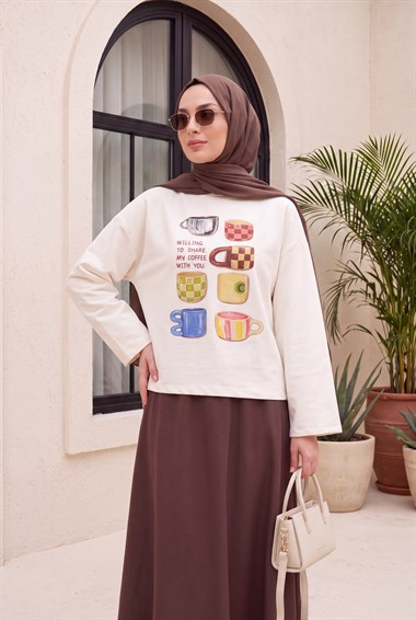 Fincan Baskılı Bisiklet Yaka Oversize 2 İplik Penye Sweatshirt -Ekru