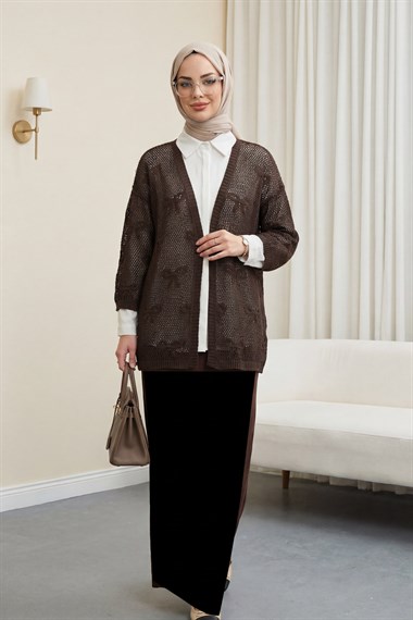 Fiyonk Desenli Ajurlu Triko Hırka -K. Kahve