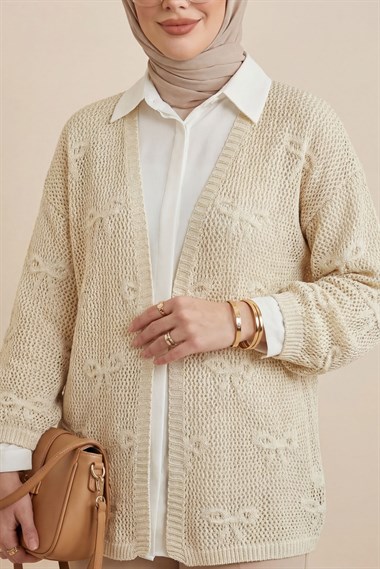 Fiyonk Desenli Ajurlu Triko Hırka -Krem