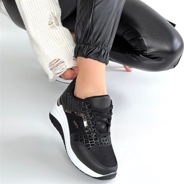 Geja Cilt Bağcıklı Beyaz Tabanlı Spor Ayakkabı -Siyah