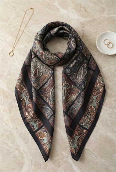 Geometrik Çerçeveli Rayon Eşarp -Koyu Bordo