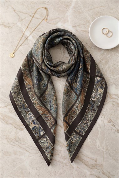 Geometrik Çerçeveli Rayon Eşarp -Koyu Kahverengi