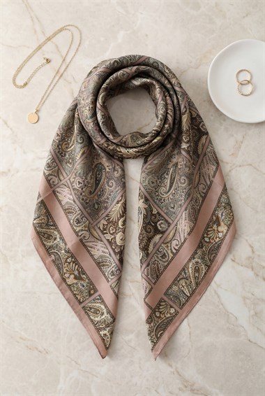 Geometrik Çerçeveli Rayon Eşarp -Yavruağzı