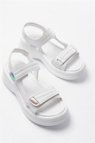 Ginya Beyaz Cilt Cırt Cırtlı Sandalet