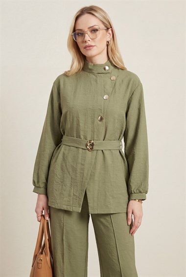 Gold Düğmeli Tokalı Kemerli Fırfır Detaylı Cupra Takım  -Haki