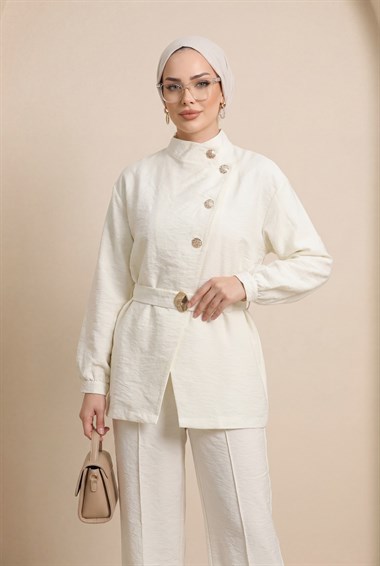 Gold Düğmeli Tokalı Kemerli Fırfır Detaylı Cupra Takım  -Ekru