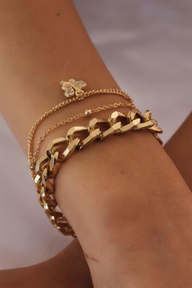 Gold Renk Kalın Zincir Model Zirkon Taşlı Kelebek Figür 2li Kadın Bileklik
