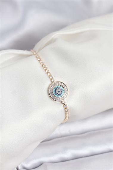 Gold Renk Nazar Model Zirkon Taşlı Asansörlü Su Yolu Bileklik