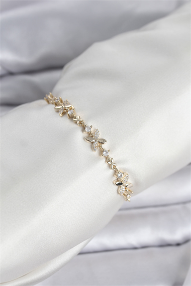 Gold Renk Yonca Model Zirkon Taşlı Asansörlü Kadın Bileklik