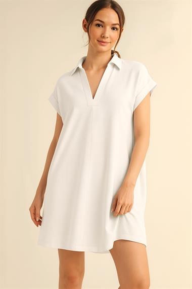 Gömlek Yaka Cepli Süprem Penye Elbise -Beyaz
