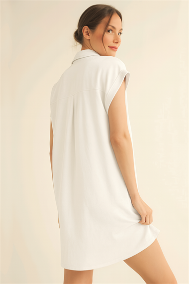 Gömlek Yaka Cepli Süprem Penye Elbise -Beyaz
