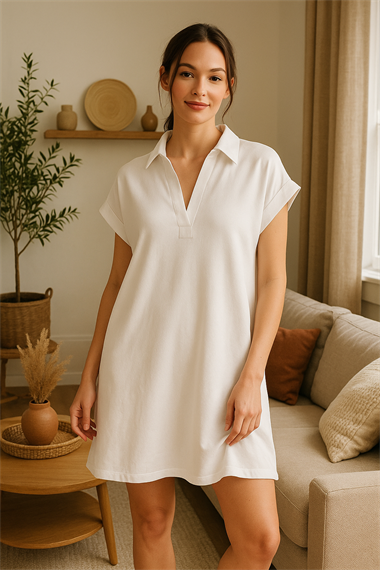 Gömlek Yaka Cepli Süprem Penye Elbise -Beyaz
